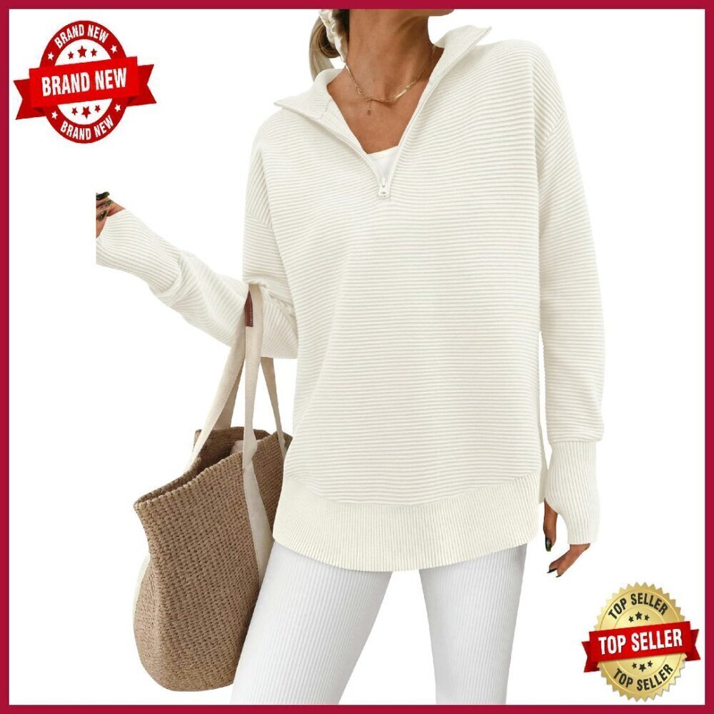 Long Sleeve Quarter Zip Pullover Sweater Ribbed Knit Thumb Hole Loose Fit